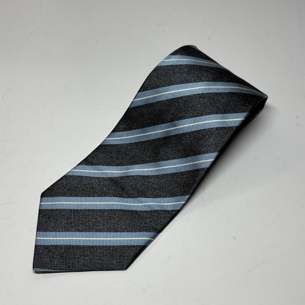 Everett Hall Repp Necktie OS Grey Blue Italian Silk Striped Hand Made Preppy‎